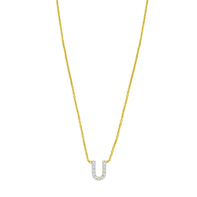 14K Yellow Gold 18" Polished Mini Diamond U Initial Necklace with Spring Ring Clasp, Includes Jump Ring at 16