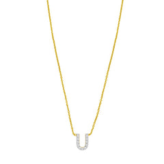 14K Yellow Gold 18" Polished Mini Diamond U Initial Necklace with Spring Ring Clasp, Includes Jump Ring at 16