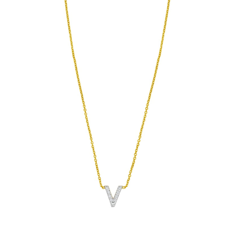 14K Yellow Gold 18" Polished Mini Diamond V Initial Necklace with Spring Ring Clasp, Includes Jump Ring at 16