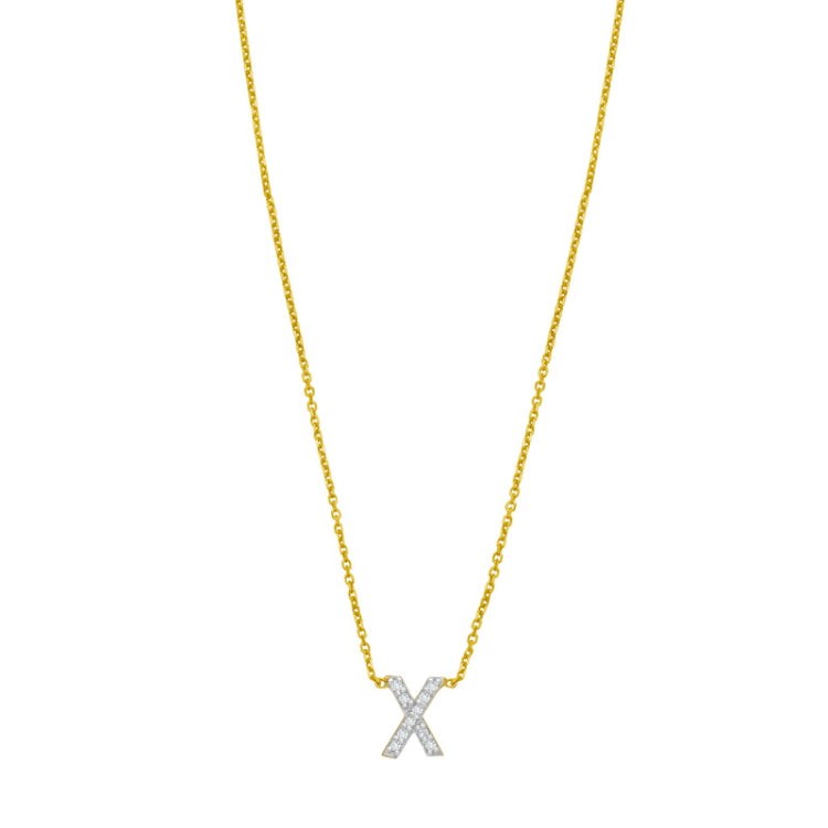 14K Yellow Gold 18" Polished Mini Diamond X Initial Necklace with Spring Ring Clasp, Includes Jump Ring at 16