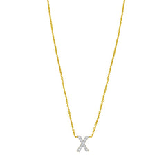 14K Yellow Gold 18" Polished Mini Diamond X Initial Necklace with Spring Ring Clasp, Includes Jump Ring at 16