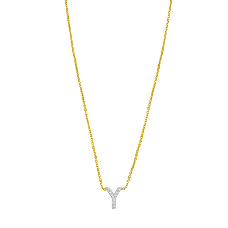 14K Yellow Gold 18" Polished Mini Diamond Y Initial Necklace with Spring Ring Clasp, Includes Jump Ring at 16