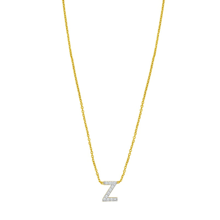 14K Yellow Gold 18" Polished Mini Diamond Z Initial Necklace with Spring Ring Clasp, Includes Jump Ring at 16
