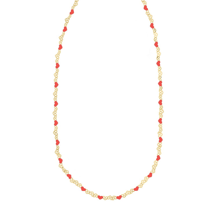 Sterling Silver (Yellow Gold Plated) 18" Red Enamel Hearts Chain Necklace with Lobster Clasp