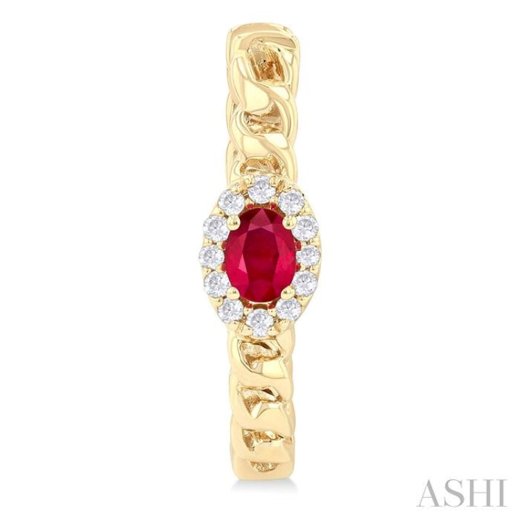 4X3 MM Oval Cut Ruby and 1/6 ctw Curb & Cuban Link Round Cut Diamond Precious Fashion Hoop Earring in 10K Yellow Gold