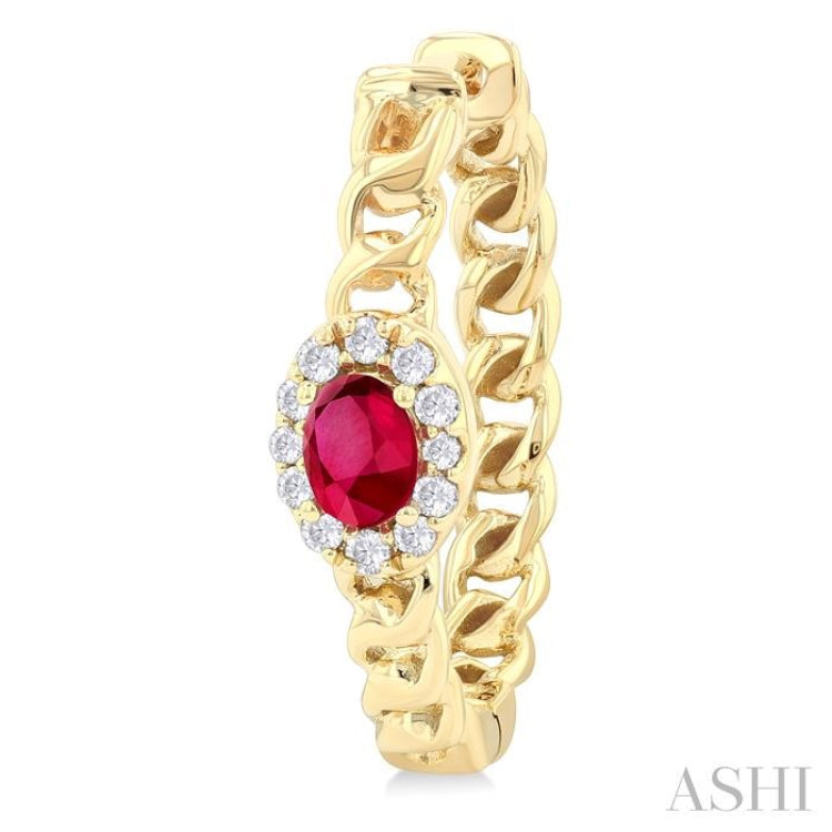 4X3 MM Oval Cut Ruby and 1/6 ctw Curb & Cuban Link Round Cut Diamond Precious Fashion Hoop Earring in 10K Yellow Gold