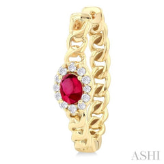 4X3 MM Oval Cut Ruby and 1/6 ctw Curb & Cuban Link Round Cut Diamond Precious Fashion Hoop Earring in 10K Yellow Gold