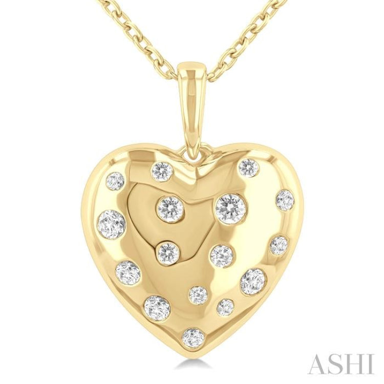 1/6 ctw Bold Puffed Heart Round Cut Diamond Sprinkled Fashion Pendant With Chain in 10K Yellow Gold