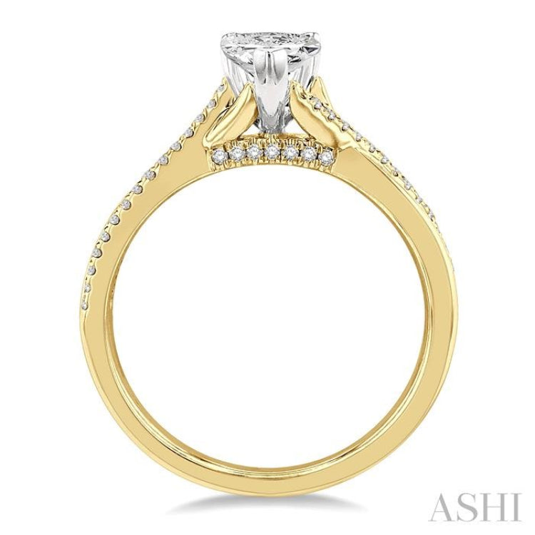 1/2 ctw Split Crossover Shank Round & Pear Cut Diamond Engagement Ring with 1/3 ctw Pear Cut Center Stone in 14K Yellow and White Gold