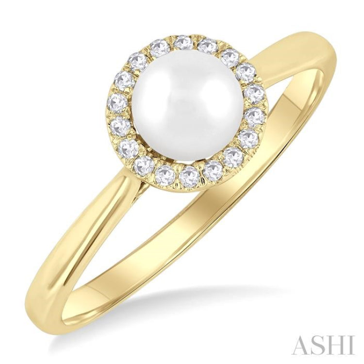 5 MM White Pearl and 1/20 ctw Round Cut Diamond Halo Ring in 14K Yellow Gold