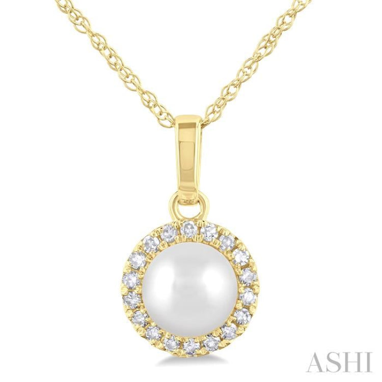 5 MM White Cultured Pearl and 1/20 ctw Single Cut Diamond Halo Pendant With Chain in 10K Yellow Gold