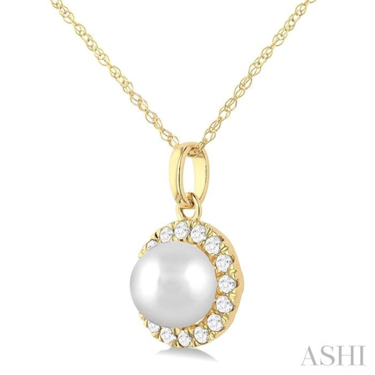 5 MM White Cultured Pearl and 1/20 ctw Single Cut Diamond Halo Pendant With Chain in 10K Yellow Gold