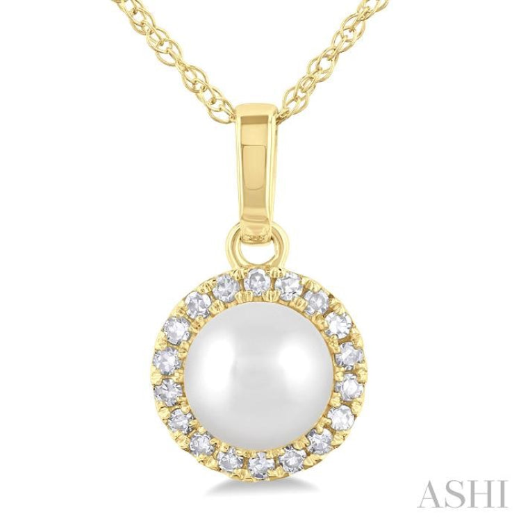 5 MM White Cultured Pearl and 1/20 ctw Single Cut Diamond Halo Pendant With Chain in 10K Yellow Gold