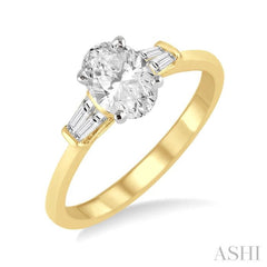 1/2 ctw Baguette and Oval Cut Diamond Ladies Engagement Ring with 1/3 ct Oval Cut Center Stone in 14K Yellow and White Gold