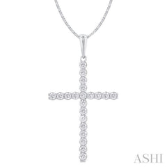 1/2 ctw Cross Shared Prong Set Round Cut Diamond Pendant With Chain in 14K White Gold