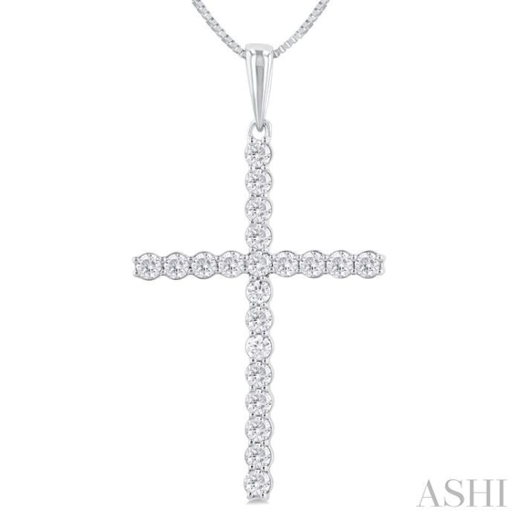 1/2 ctw Cross Shared Prong Set Round Cut Diamond Pendant With Chain in 14K White Gold