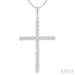 1/2 ctw Cross Shared Prong Set Round Cut Diamond Pendant With Chain in 14K White Gold