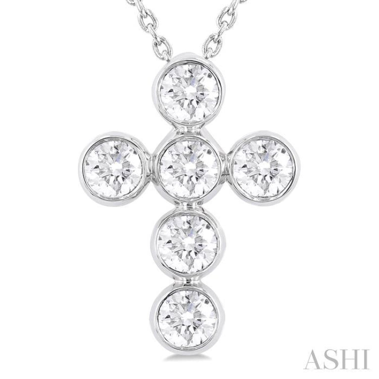1 ctw Round Cut Diamond 6-Stone Bezel Set Cross Pendant With Chain in 14K White Gold
