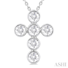 1 ctw Round Cut Diamond 6-Stone Bezel Set Cross Pendant With Chain in 14K White Gold