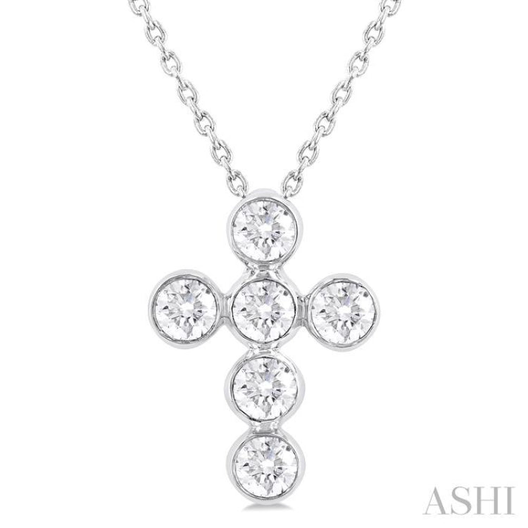 3/4 ctw Round Cut Diamond 6-Stone Bezel Set Cross Pendant With Chain in 14K White Gold