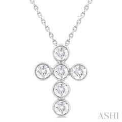3/4 ctw Round Cut Diamond 6-Stone Bezel Set Cross Pendant With Chain in 14K White Gold
