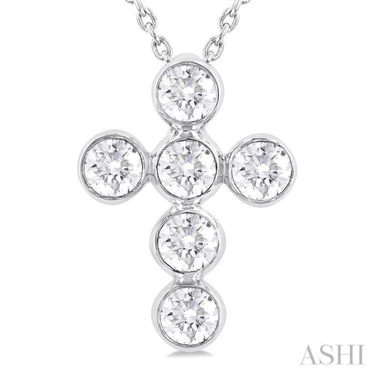 3/4 ctw Round Cut Diamond 6-Stone Bezel Set Cross Pendant With Chain in 14K White Gold