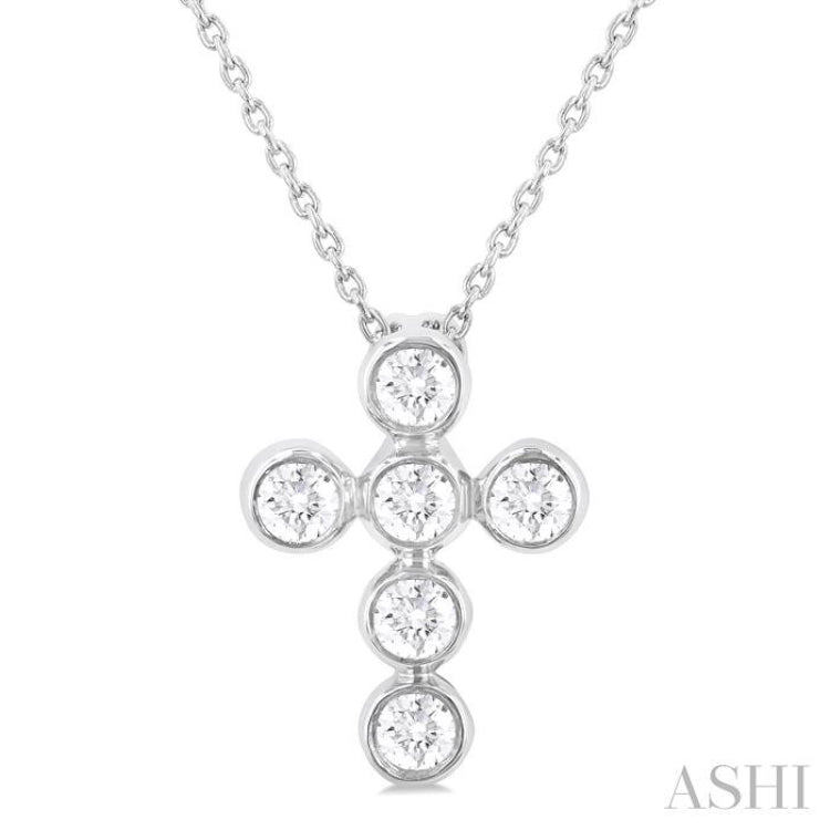 1/4 ctw Round Cut Diamond 6-Stone Bezel Set Cross Pendant With Chain in 14K White Gold