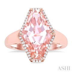16x10 MM Hexagon Shape Morganite and 1/10 ctw Round Cut Diamond Halo Semi Precious Ring in 14K Rose Gold