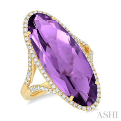 26x10 MM Oval Cut Amethyst and 1/2 ctw Round Cut Diamond Halo Semi Precious Ring in 14K Yellow Gold