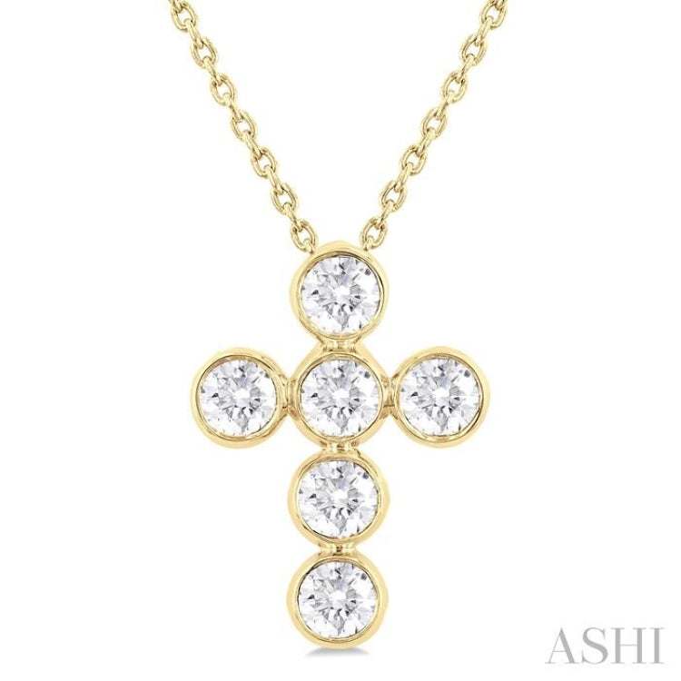 1 ctw Round Cut Diamond 6-Stone Bezel Set Cross Pendant With Chain in 14K Yellow Gold