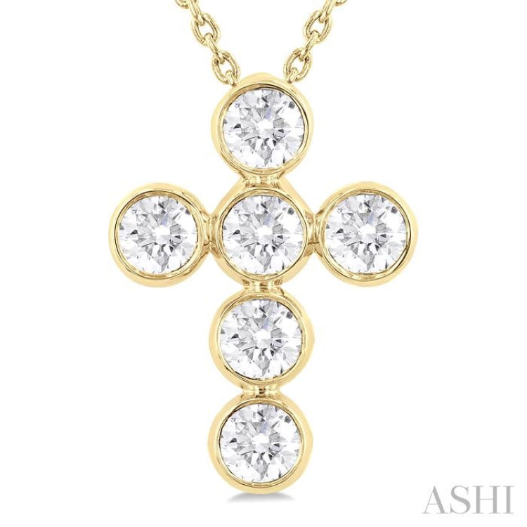 1 ctw Round Cut Diamond 6-Stone Bezel Set Cross Pendant With Chain in 14K Yellow Gold
