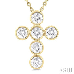 1 ctw Round Cut Diamond 6-Stone Bezel Set Cross Pendant With Chain in 14K Yellow Gold