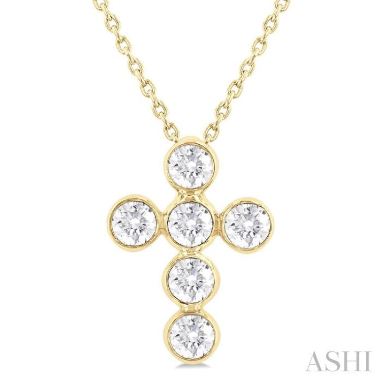 3/4 ctw Round Cut Diamond 6-Stone Bezel Set Cross Pendant With Chain in 14K Yellow Gold