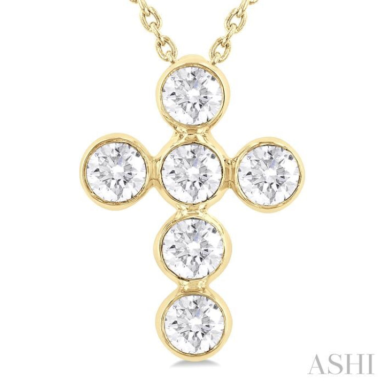 3/4 ctw Round Cut Diamond 6-Stone Bezel Set Cross Pendant With Chain in 14K Yellow Gold