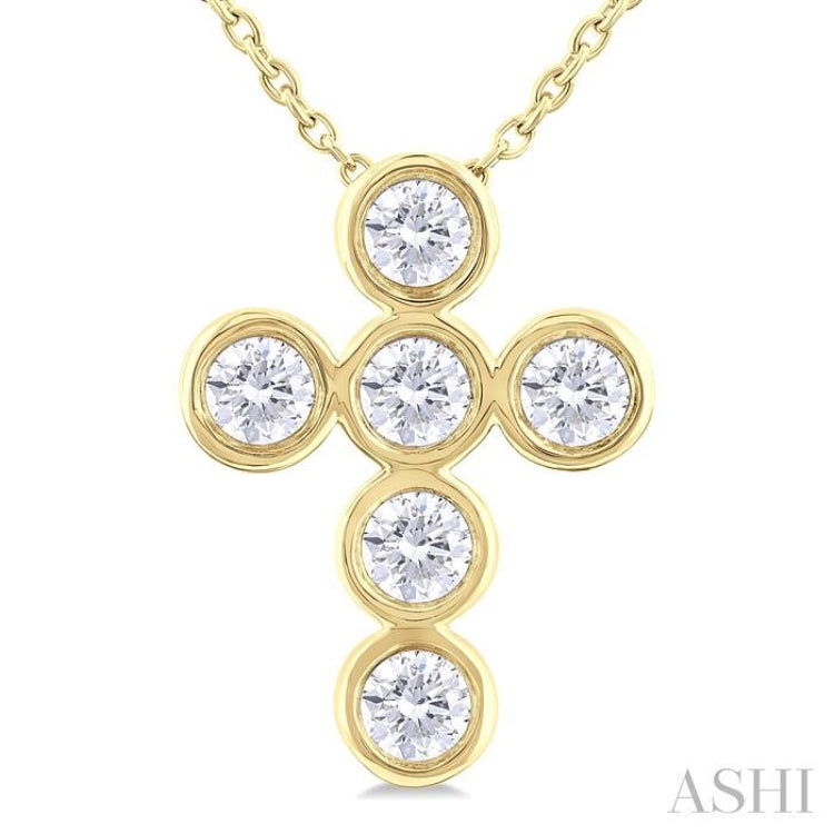 1/2 ctw Round Cut Diamond 6-Stone Bezel Set Cross Pendant With Chain in 14K Yellow Gold