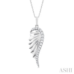 1/5 ctw Fluted Texture Angel Wing Round Cut Diamond Fashion Pendant With Chain in 14K White Gold