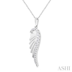 1/5 ctw Fluted Texture Angel Wing Round Cut Diamond Fashion Pendant With Chain in 14K White Gold