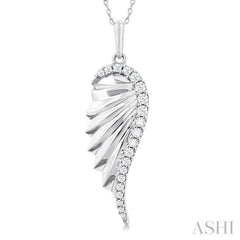 1/5 ctw Fluted Texture Angel Wing Round Cut Diamond Fashion Pendant With Chain in 14K White Gold
