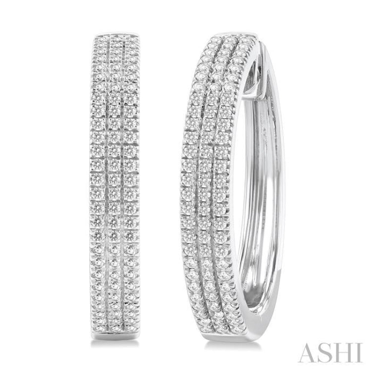 1/2 ctw Triple Row Pave Set Round Cut Diamond Fashion Hoop Earring in 10K White Gold