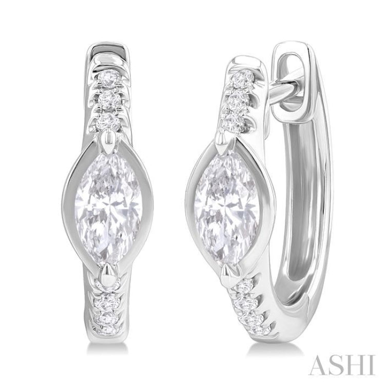 1/3 ctw Marquise Centerpiece and Round Cut Diamond Fashion Huggie Earrings in 14K White Gold