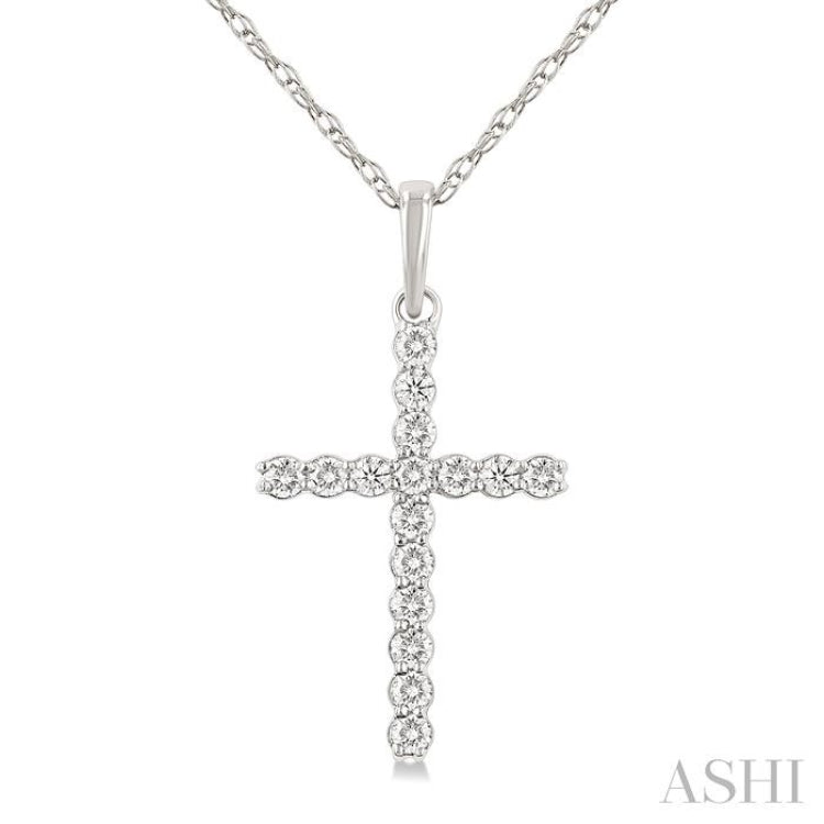 1/10 ctw Cross Round Cut Diamond Fashion Pendant With Chain in 14K White Gold