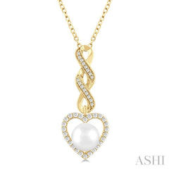 7 MM Round Shape Cultured Pearl and 1/4 ctw Heart Frame Round Cut Diamond Fashion Pendant With Chain in 10K Yellow Gold