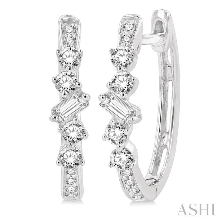1/3 ctw Baguette and Round Cut Diamond Hoop Earrings in 14K White Gold