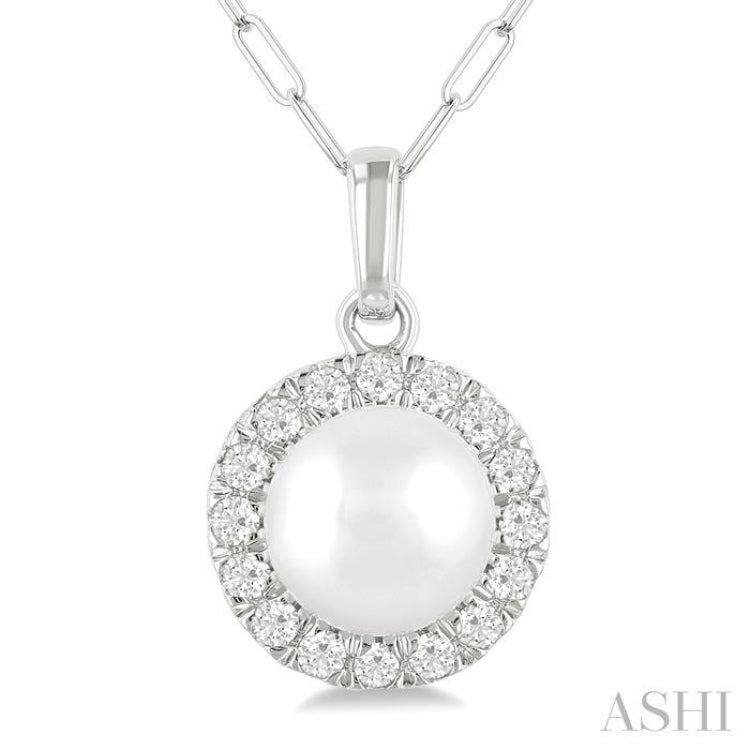 6 MM Cultured White Pearl and 1/6 ctw Single Cut Diamond Halo Pendant With Chain in 14K White Gold