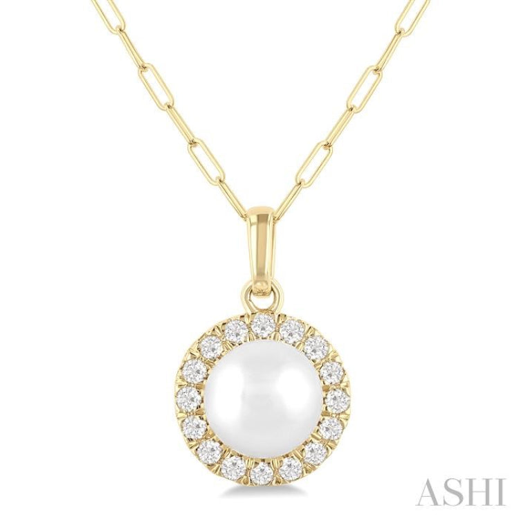 6 MM Cultured White Pearl and 1/6 ctw Single Cut Diamond Halo Pendant With Chain in 14K Yellow Gold