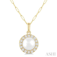 6 MM Cultured White Pearl and 1/6 ctw Single Cut Diamond Halo Pendant With Chain in 14K Yellow Gold
