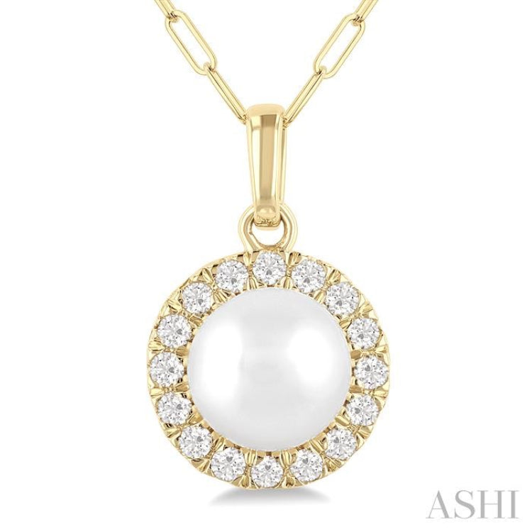 6 MM Cultured White Pearl and 1/6 ctw Single Cut Diamond Halo Pendant With Chain in 10K Yellow Gold