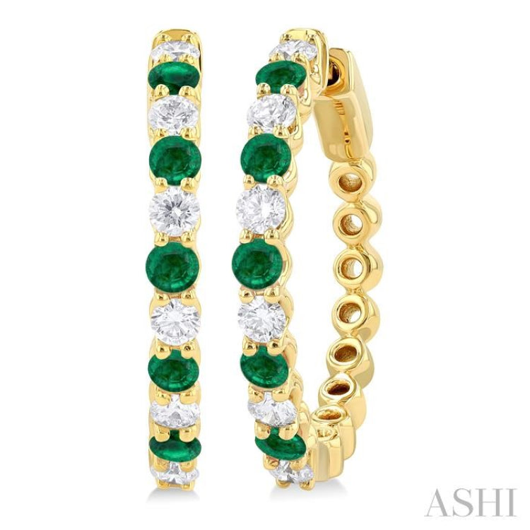 2.7 MM Round Cut Emerald and 7/8 ctw Round Cut Diamond Precious Hoop Earring in 14K Yellow Gold