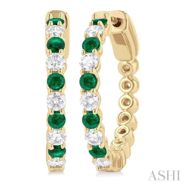 2.4 MM Round Cut Emerald and 5/8 ctw Round Cut Diamond Precious Hoop Earring in 14K Yellow Gold
