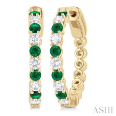 2.4 MM Round Cut Emerald and 5/8 ctw Round Cut Diamond Precious Hoop Earring in 14K Yellow Gold